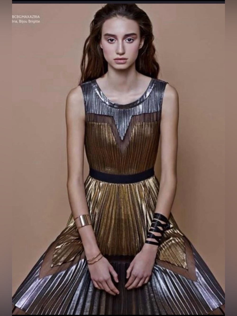 BCBGMaxAzria Metallic Gold and Silver Pleated Midi Dress